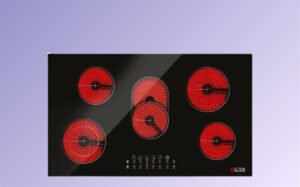 A black and red electric stove top featuring six illuminated red cooking zones.