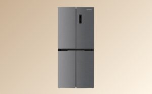 Silver refrigerator freezer with an open door, showcasing its interior shelves and storage compartments.