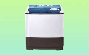 A blue and white LG washing machine with a modern design, showcasing its control panel and door.