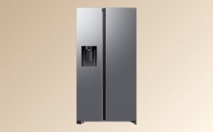 A large stainless steel refrigerator with two doors, showcasing a modern and sleek design suitable for any kitchen.