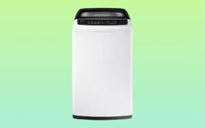 A white Samsung washing machine displayed against a green background, showcasing its modern design and features.