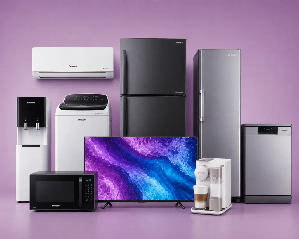 A collection of electronic appliances displayed on a vibrant purple background, showcasing various household items