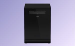 A black trash can featuring a white door, situated next to a Hitachi dishwasher in a modern kitchen environment