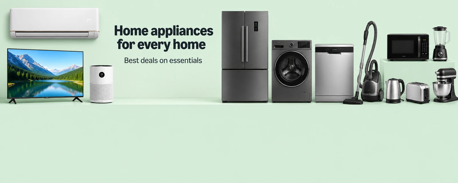 A banner showcasing various home appliances, emphasizing their suitability for every household.