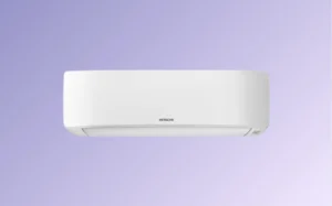 A white air conditioner displayed against a vibrant purple background.