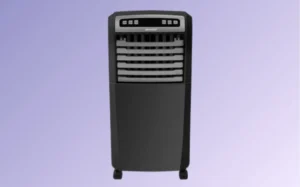 Black air cooler displayed against a blue background, showcasing its sleek design and modern features.