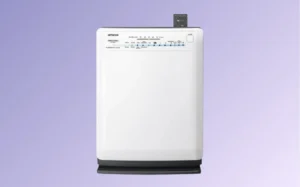 A white air purifier displayed against a vibrant purple background.