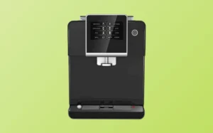 A black auto tea vending machine displayed against a vibrant green background.