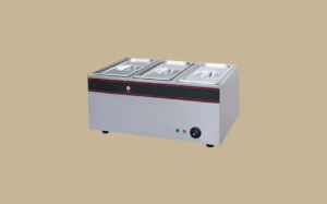 Three-burner hot plate featuring two trays for warming food in a Bain Marie setup.