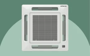 Ceiling cassette air conditioner in white against a vibrant green background.