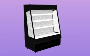 Black and white image of a refrigerated display case designed for showcasing commercial cakes and pastries.