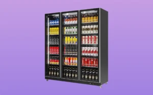 A black glass display case showcasing various bottles and drinks in an organized arrangement.