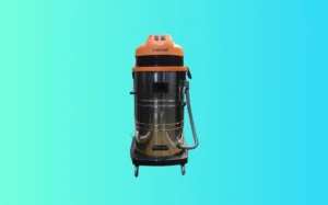 A commercial vacuum cleaner displayed against a blue background, showcasing its design and features.