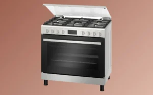 A gas stove with an open door, set against a brown background, showcasing its interior and design features.