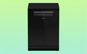 A black dishwasher displayed against a vibrant green background.