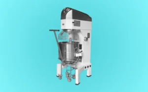 A dough mixer displayed against a blue background, showcasing its sleek design and functionality.