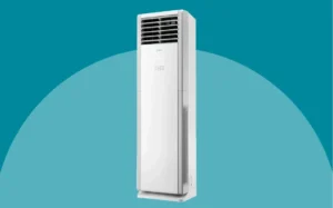A white floor-standing air conditioner against a blue background.