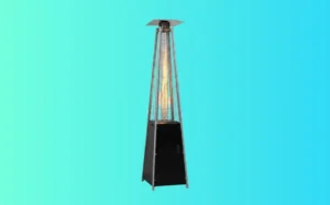 A black and silver outdoor gas heater with a visible flame, providing warmth in an outdoor setting.