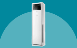 Gree Floor Standing A green floor-standing air conditioner displayed in a bright room, showcasing its sleek design and cooling features for summer.