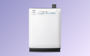 Hitachi Air Purifier White Hitachi air purifier displayed against a vibrant purple background.