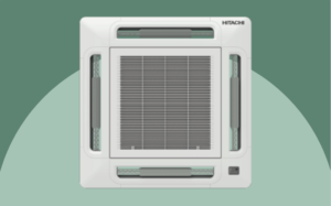 Hitachi Ceiling Cassette Air Conditioner White Hitachi ceiling cassette air conditioner mounted against a green background.