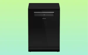 Hitachi Dishwasher A black Hitachi dishwasher displayed against a vibrant green background.