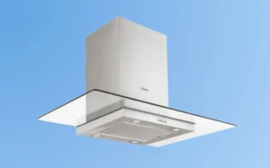 A sleek modern kitchen hood featuring a glass top, designed for efficient ventilation and contemporary aesthetics.