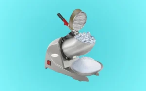 A machine producing ice cream, featuring an ice crusher component for blending ingredients.