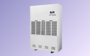 Jetcool Dehumidifier White Jetcool dehumidifier featuring blue and white stripes, designed for efficient moisture removal in indoor spaces.
