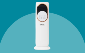 Jetcool Standing Fans A white electric toothbrush positioned against a blue background, showcasing its sleek design and modern features.