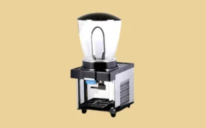 A small black and white juice dispenser with a glass top, designed for serving beverages in a compact space.