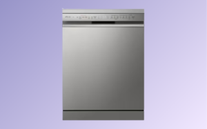 A black trash can featuring a white door, situated next to a lg dishwasher in a modern kitchen environment