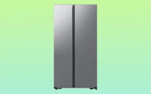 Samsung Refrigerators Silver two-door Samsung refrigerator displayed against a green background.
