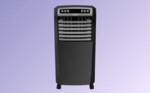 Sharp Air Cooler A black air cooler displayed against a vibrant purple background.