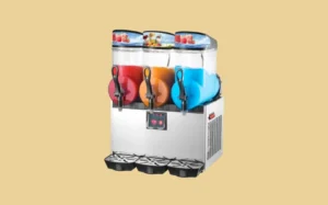 A slush machine featuring three dispensers, each filled with a different colorful frozen drink.