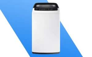 Top Load Washing Machines A white and blue top load washing machine against a blue and white background.
