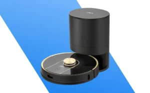 Vacuum Cleaners A black and gold robot vacuum cleaner positioned on a blue and white background, showcasing its sleek design.