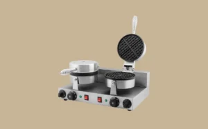 A waffle maker with two waffle plates stacked on top, showcasing its compact design for making multiple waffles.
